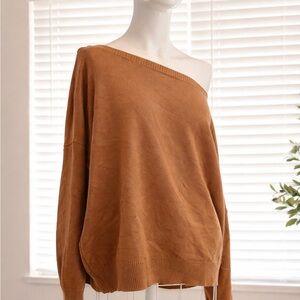 Camel Brown Off Shoulder Knit Sweater